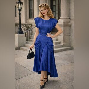 YOUNG LADY NEW YORK Vintage 1980s Does 1940s Revival Blue Jacquard Belted Dress